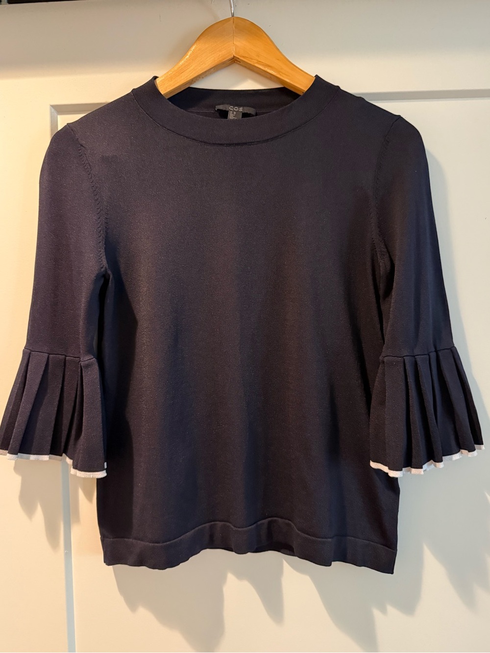 COS Navy Pleated Bell Sleeve Knit Top with Contrast Trim